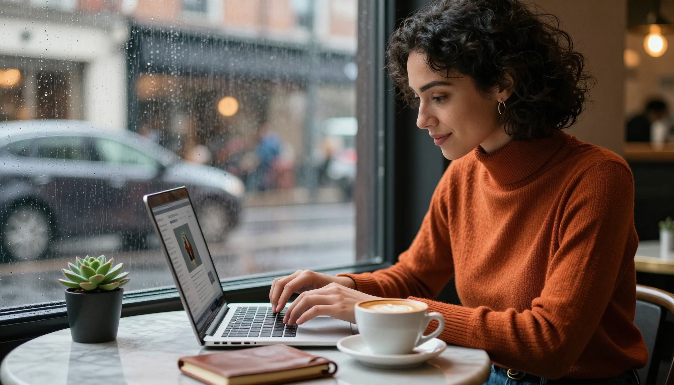 Woman with dark curly hair in coffee shop using laptop on rainy day, focused on AI generation results with warm interior lighting