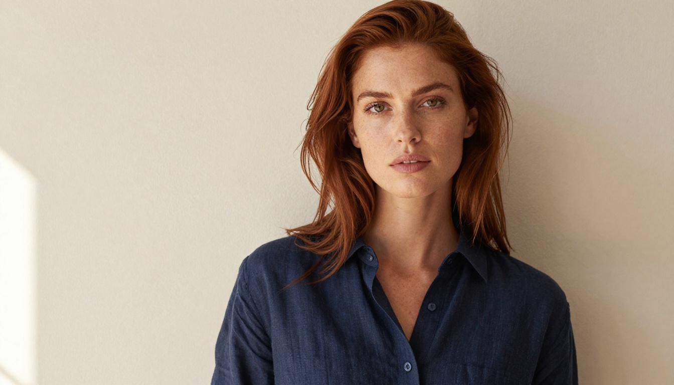 Confident auburn-haired woman in natural light editorial portrait