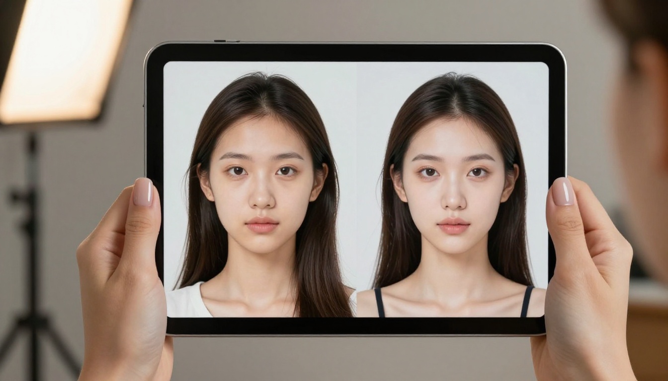 Elegant hands holding tablet showing AI upscaling before and after comparison