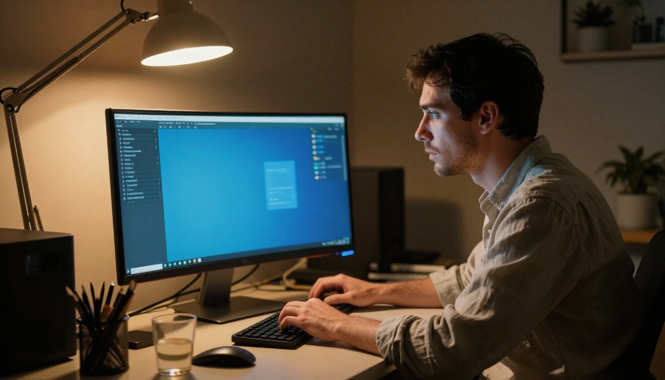 A man working at a curved monitor at night with warm amber lamp light and screen glow A man working at a curved monitor at night with warm amber lamp light and screen glow
