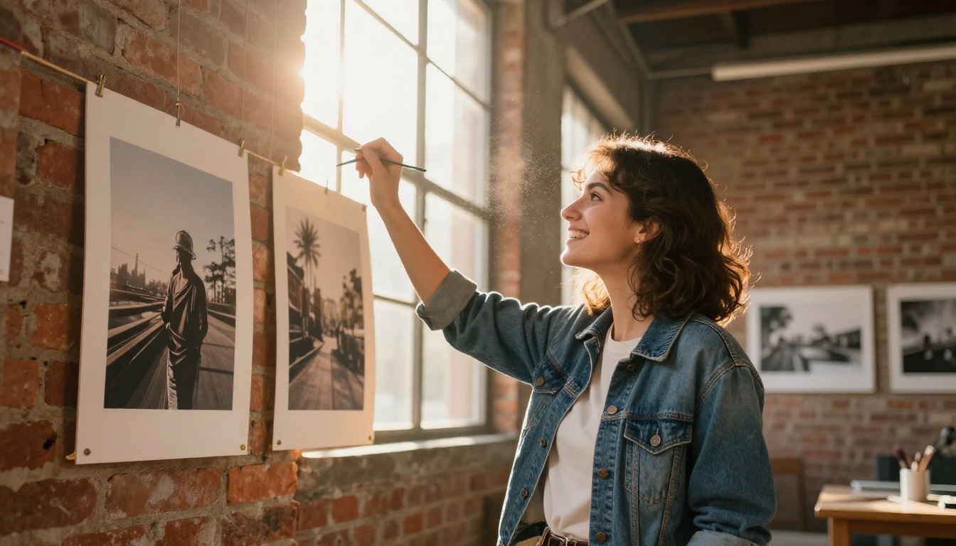 A young woman artist in front of gallery photos on a brick wall with golden volumetric light A young woman artist in front of gallery photos on a brick wall with golden volumetric light