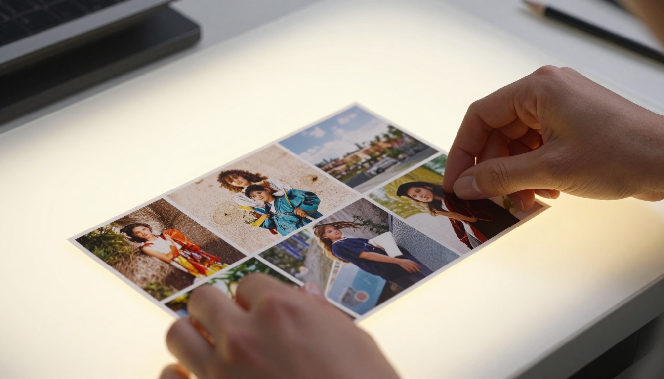 Two sets of printed photographs being carefully compared on a professional light table Two sets of printed photographs being carefully compared on a professional light table