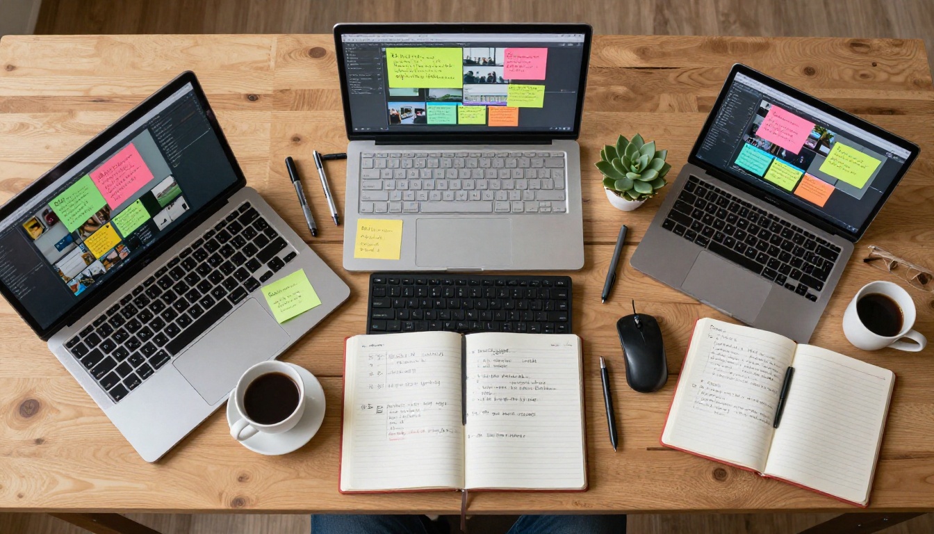 Aerial flat-lay view of a creative professional's wooden desk with multiple tablets showing AI video frames, notebooks, sticky notes, and coffee cups