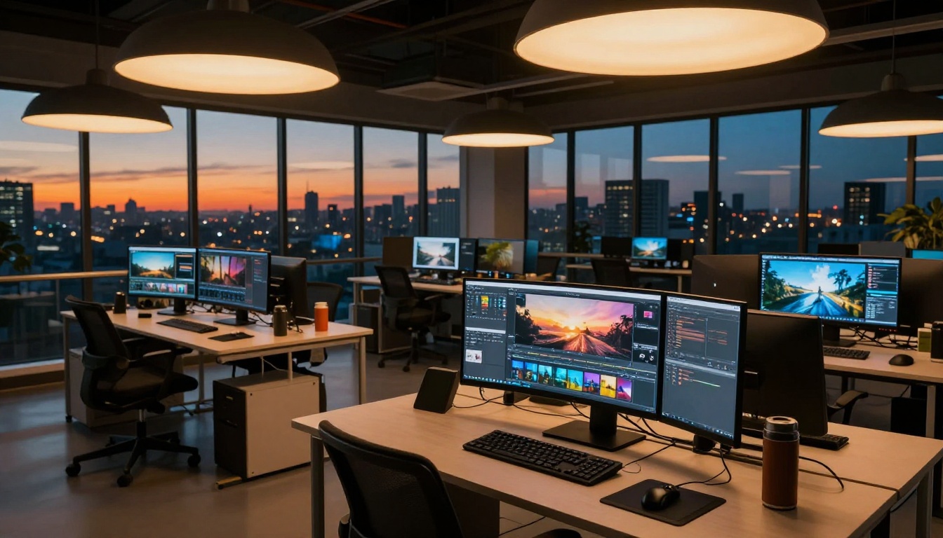 Wide shot of a modern tech creative studio at dusk with multiple workstations and city skyline view through floor-to-ceiling glass