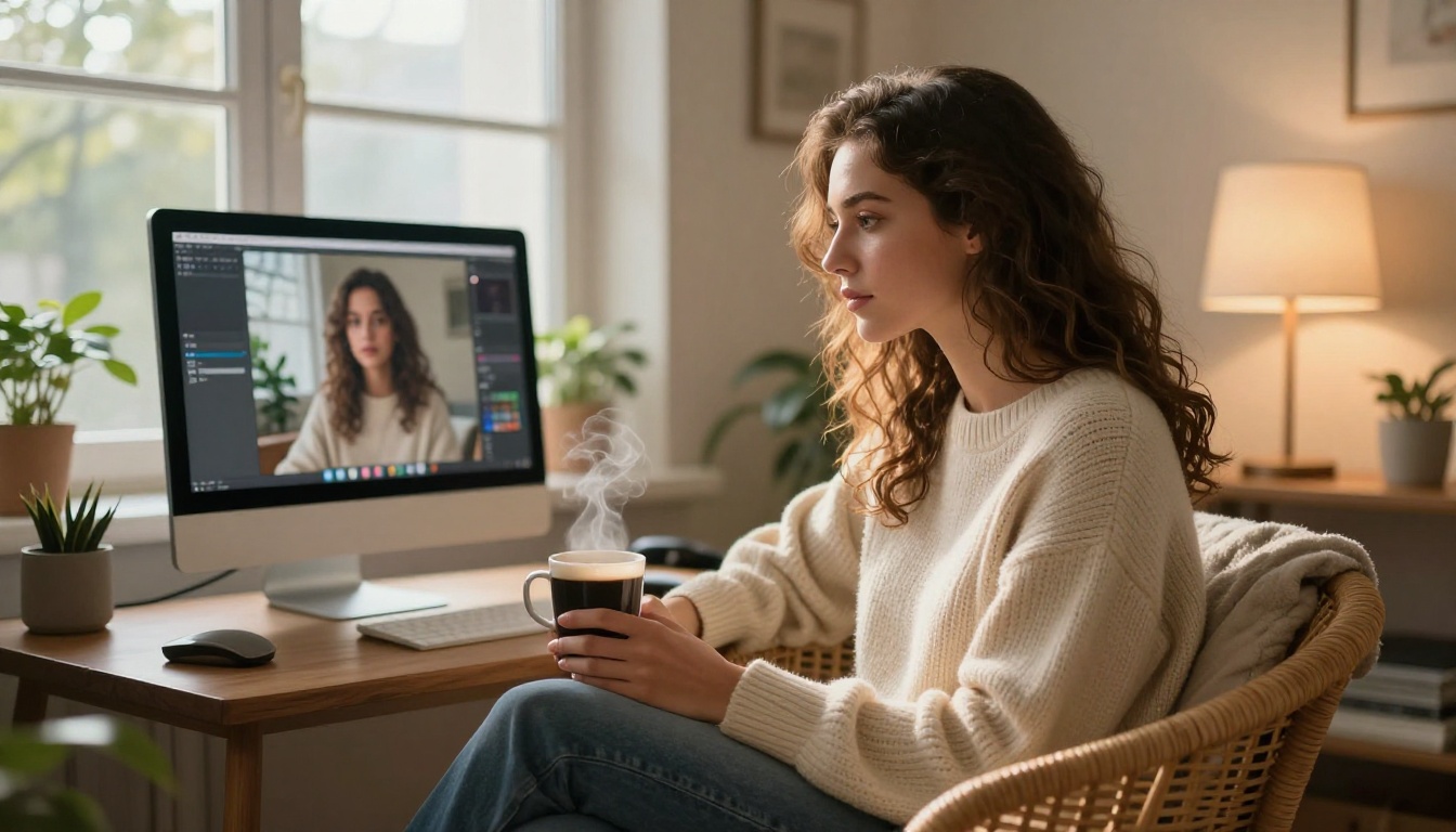 Young female creator in oversized cream sweater reviewing AI video content in a cozy home studio with soft morning window light