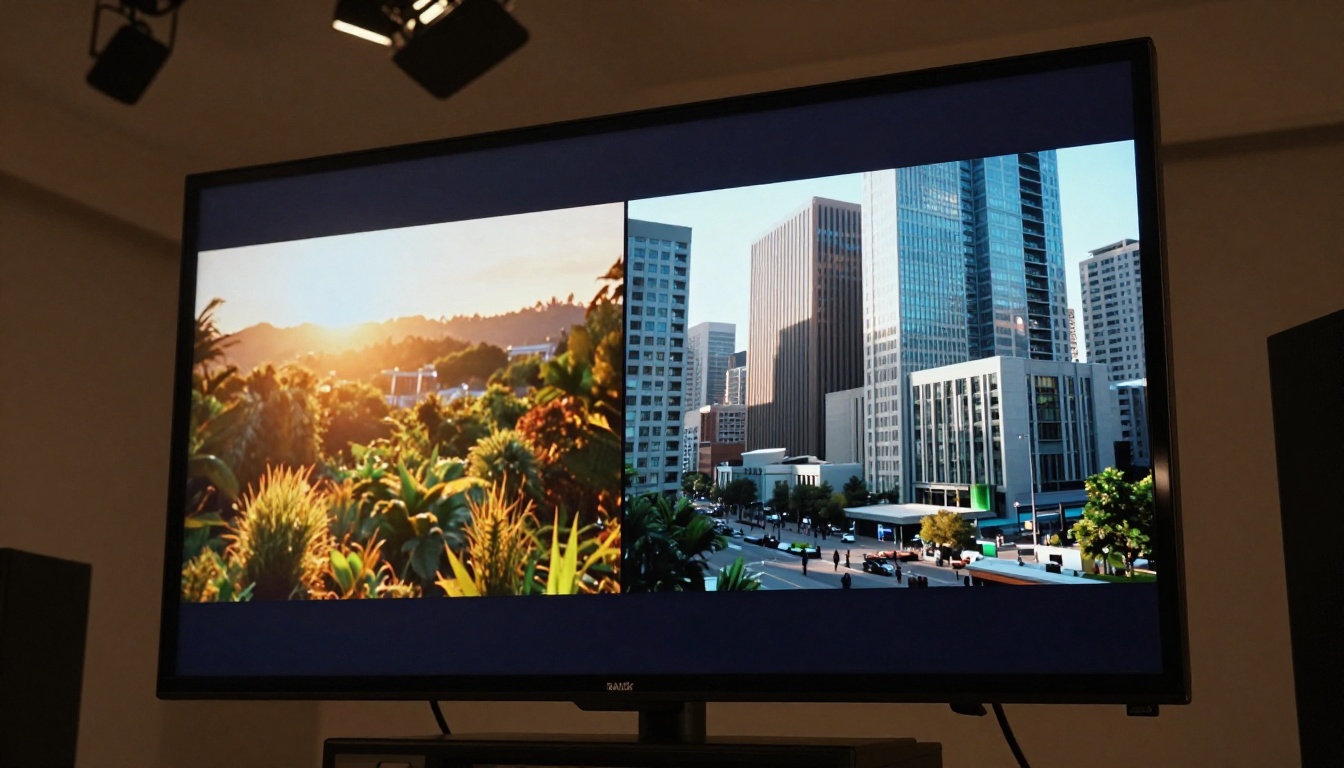Low-angle professional cinema monitor showing split-screen comparison of two AI-generated video clips, warm golden-hour landscape vs clean urban sequence