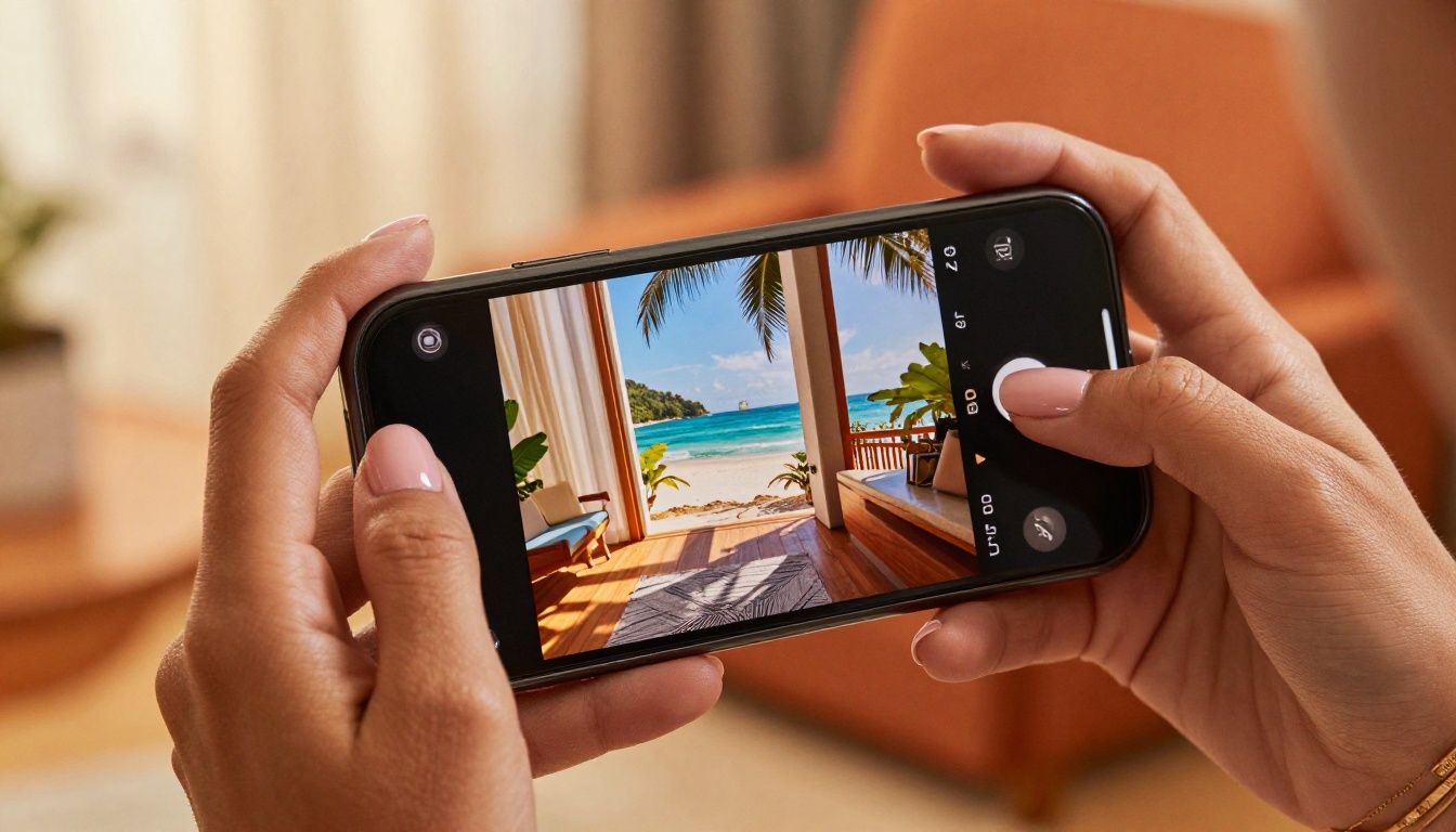 Woman's hands holding a smartphone showing vibrant beach video playback, warm afternoon home interior background