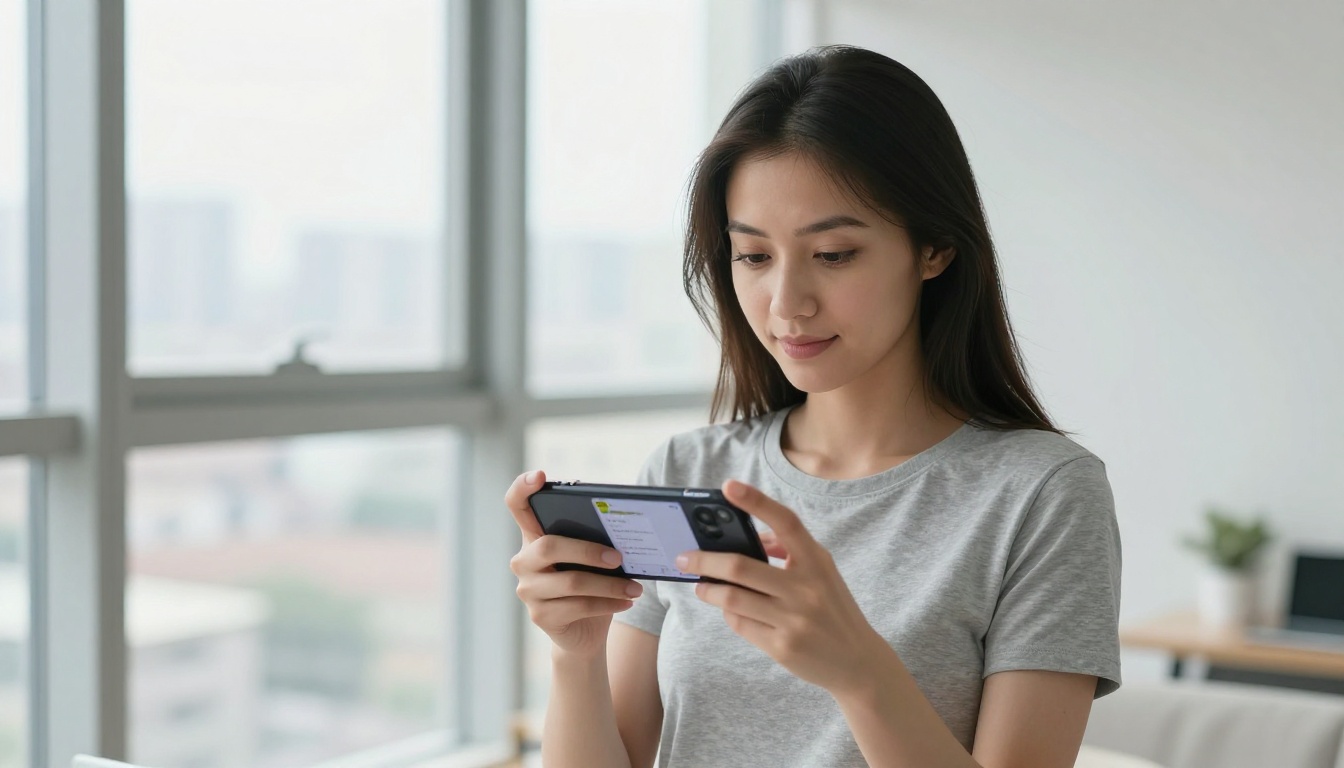 Young woman holding a smartphone showing an AI chat interface, standing near a bright apartment window with city skyline behind