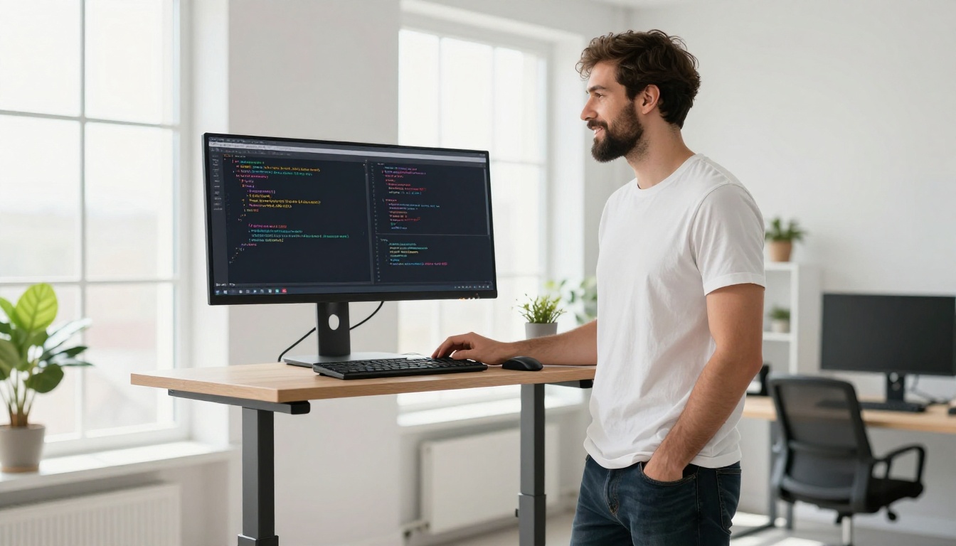 Developer standing at standing desk reviewing code with satisfied expression