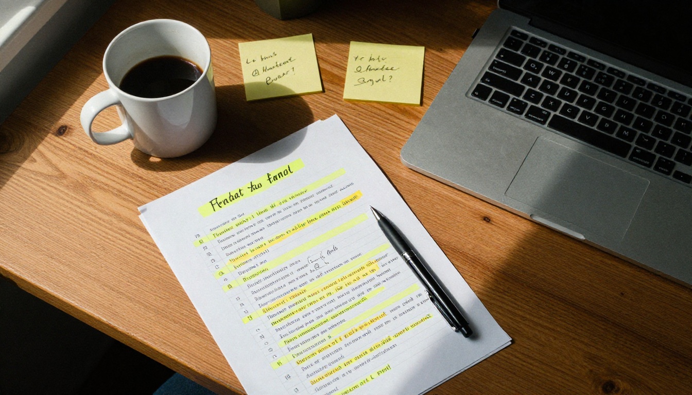 Overhead aerial shot of a neat desk with highlighted printed documents, yellow sticky notes, handwritten margin notes, and a coffee cup in morning light