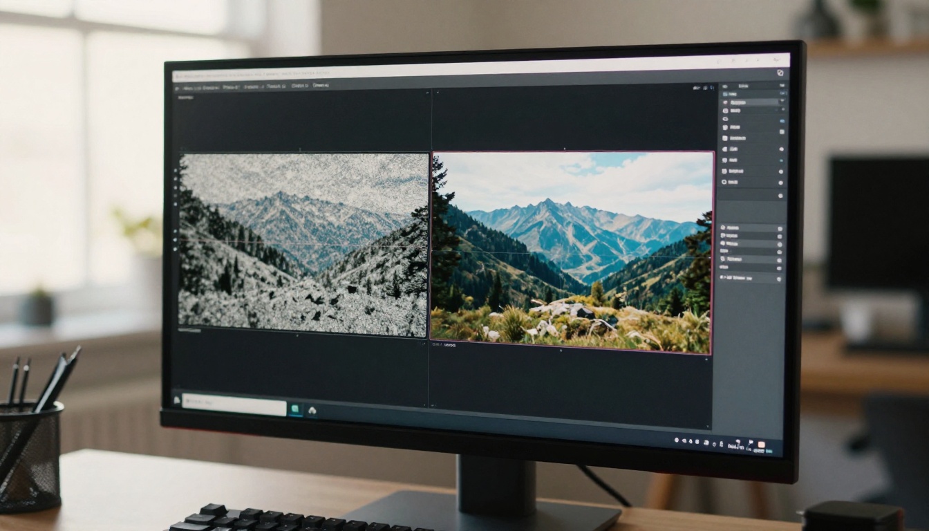 Close-up of a monitor screen showing before and after AI video enhancement comparison, bright home office