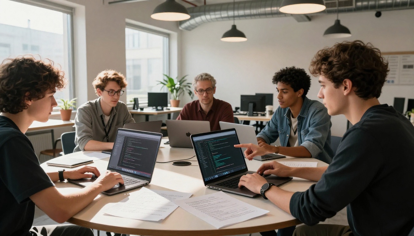 Three developers collaborating around a table with multiple laptops