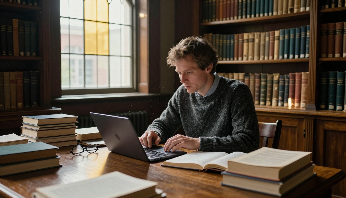 Scholarly man deeply absorbed in research at a large wooden library table, afternoon light streaming through arched windows onto aged book spines