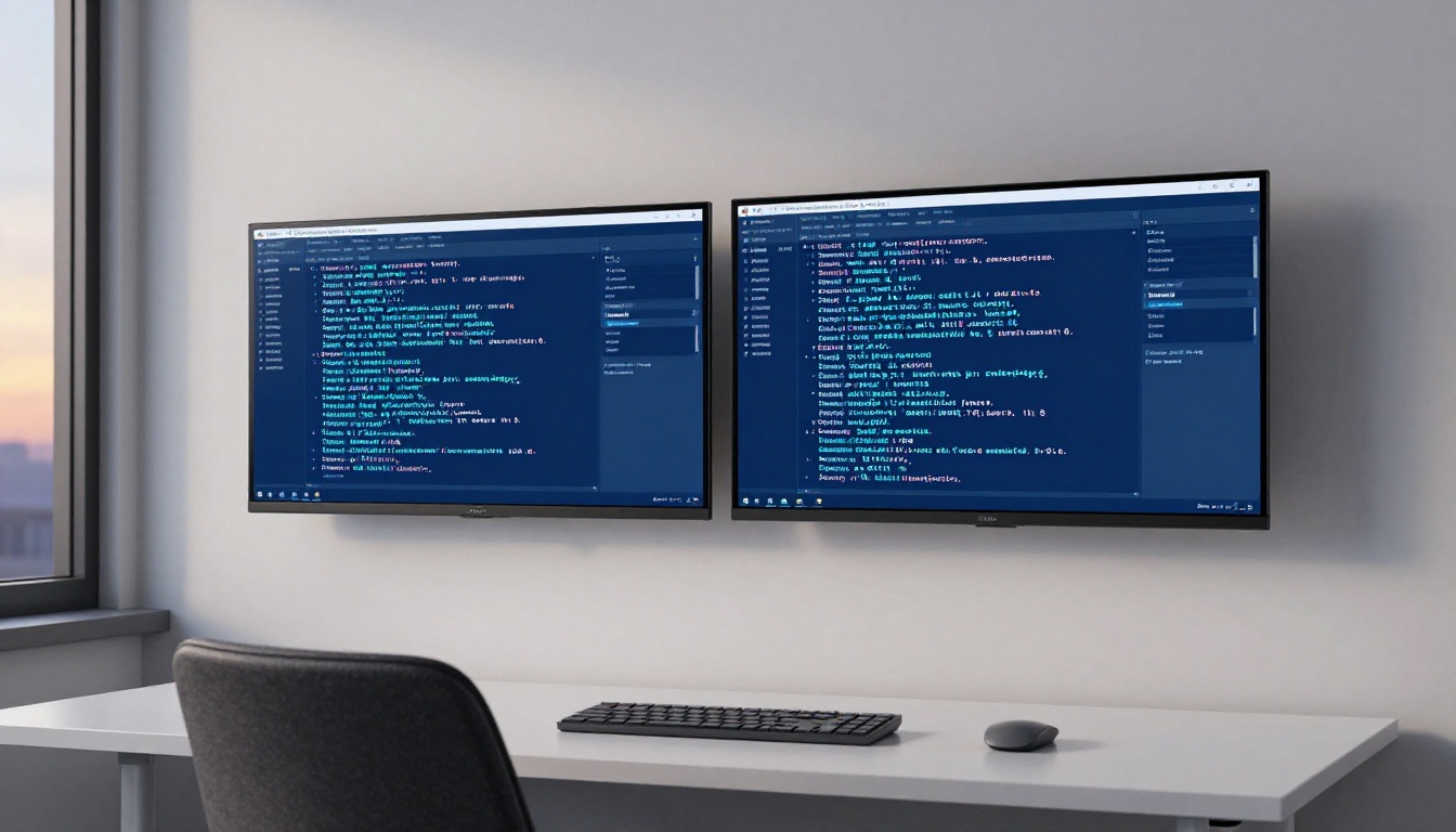 Two large monitors mounted side by side on a white wall displaying AI chat interfaces at dusk, with a minimalist desk and ergonomic chair in the foreground