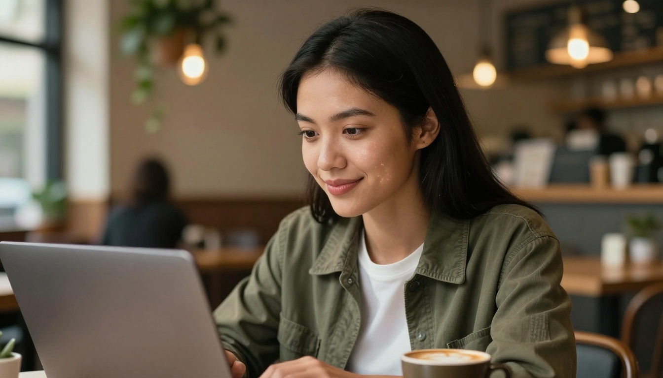 Young woman developer smiling at laptop in a warm coffee shop