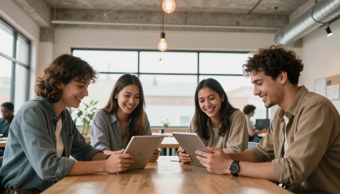 Group of young adults laughing together around a tablet screen in a bright industrial co-working space