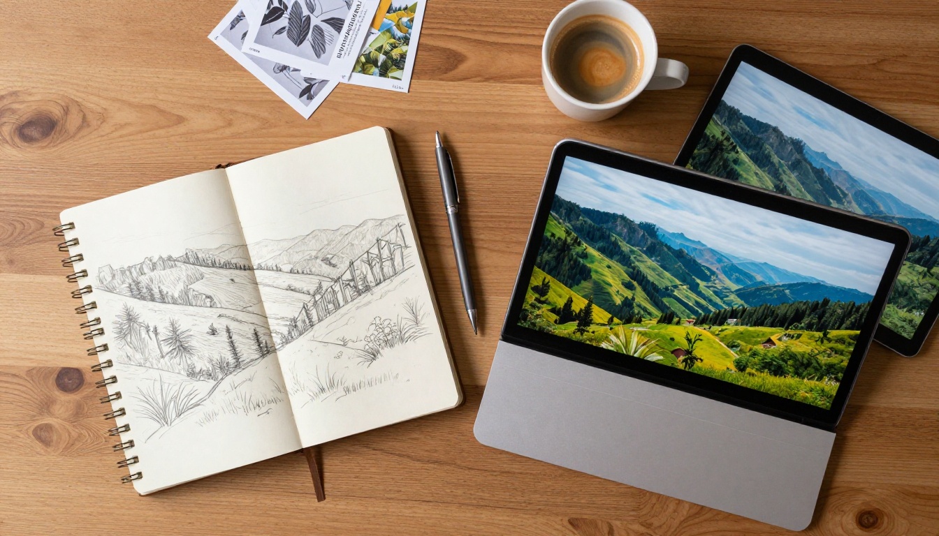 Overhead flat-lay of a notebook with sketches beside a laptop showing an AI-generated landscape