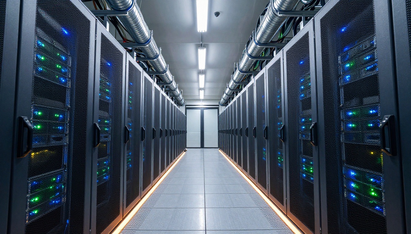 Low-angle shot looking up at rows of server racks inside a large enterprise data center