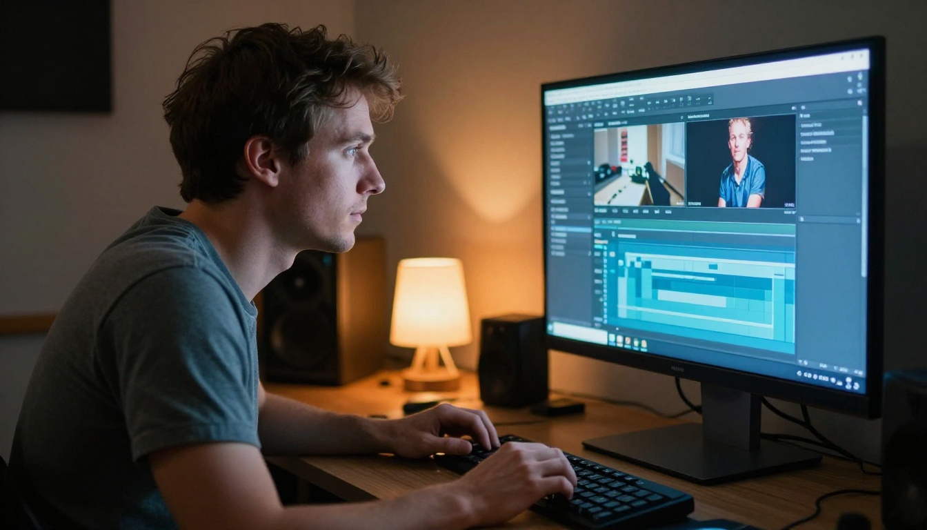 Focused man reviewing AI video output on a large monitor in a dark home studio Focused man reviewing AI video output on a large monitor in a dark home studio