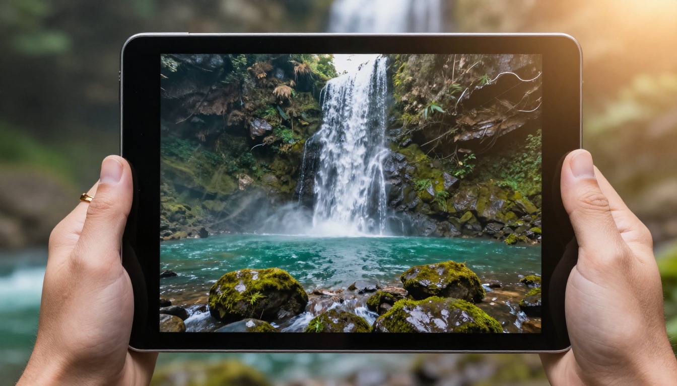 Hand holding a tablet showing a waterfall video, representing mobile access to AI video tools Hand holding a tablet showing a waterfall video, representing mobile access to AI video tools