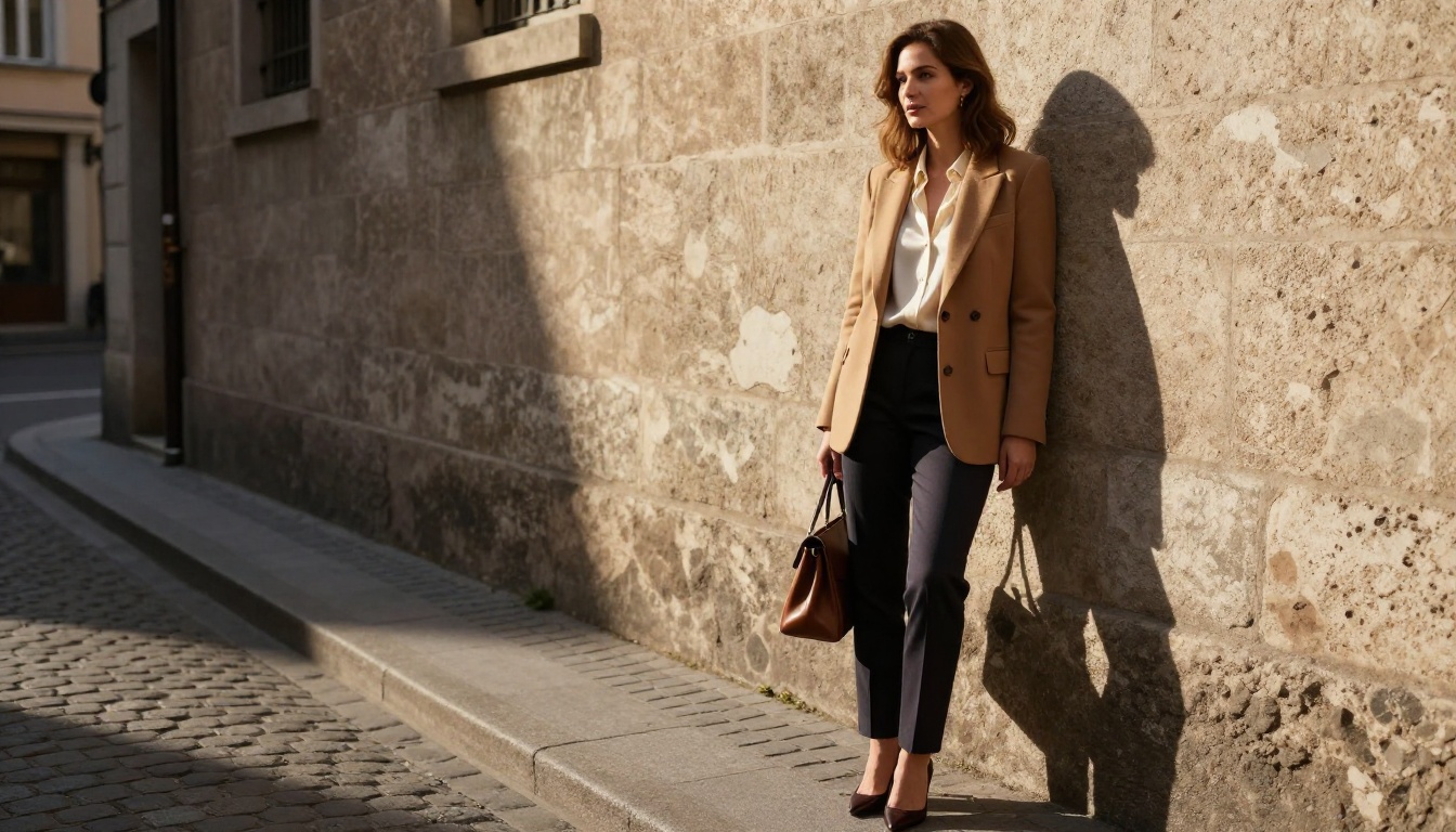 A glamorous woman in a camel blazer standing in a European cobblestone alleyway