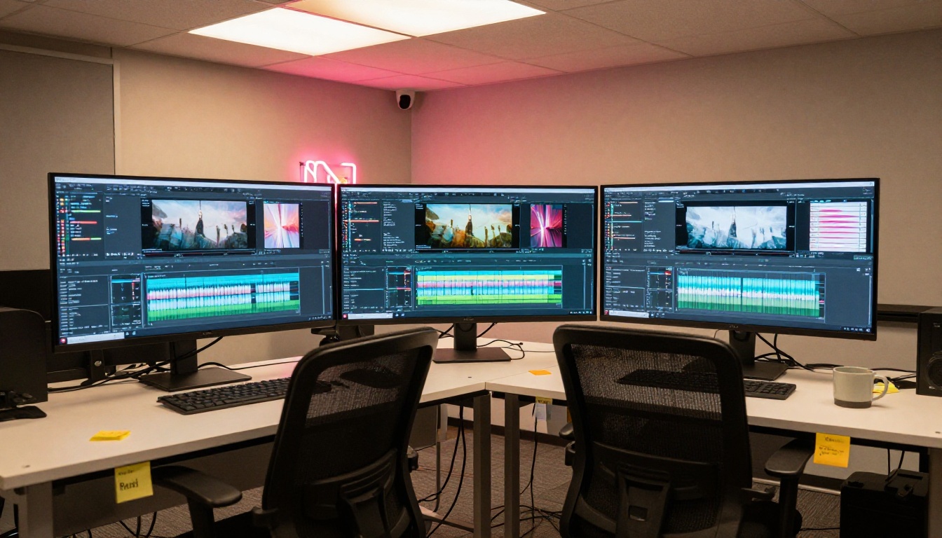 Modern creative studio with three monitors showing video editing timelines Modern creative studio with three monitors showing video editing timelines