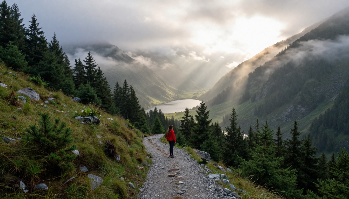 Breathtaking misty mountain valley at dawn with volumetric light through pine forest