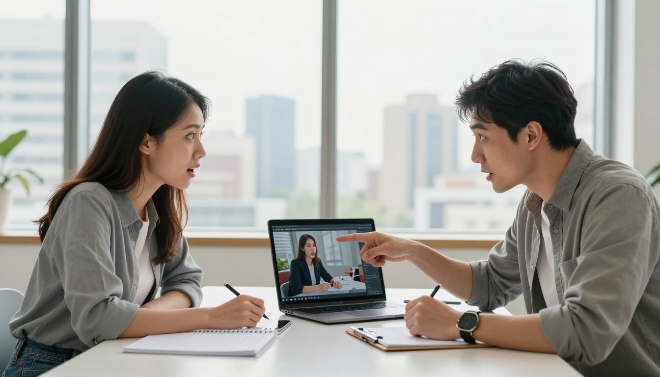 Two professionals in a co-working space looking at AI-generated images on a laptop with impressed expressions