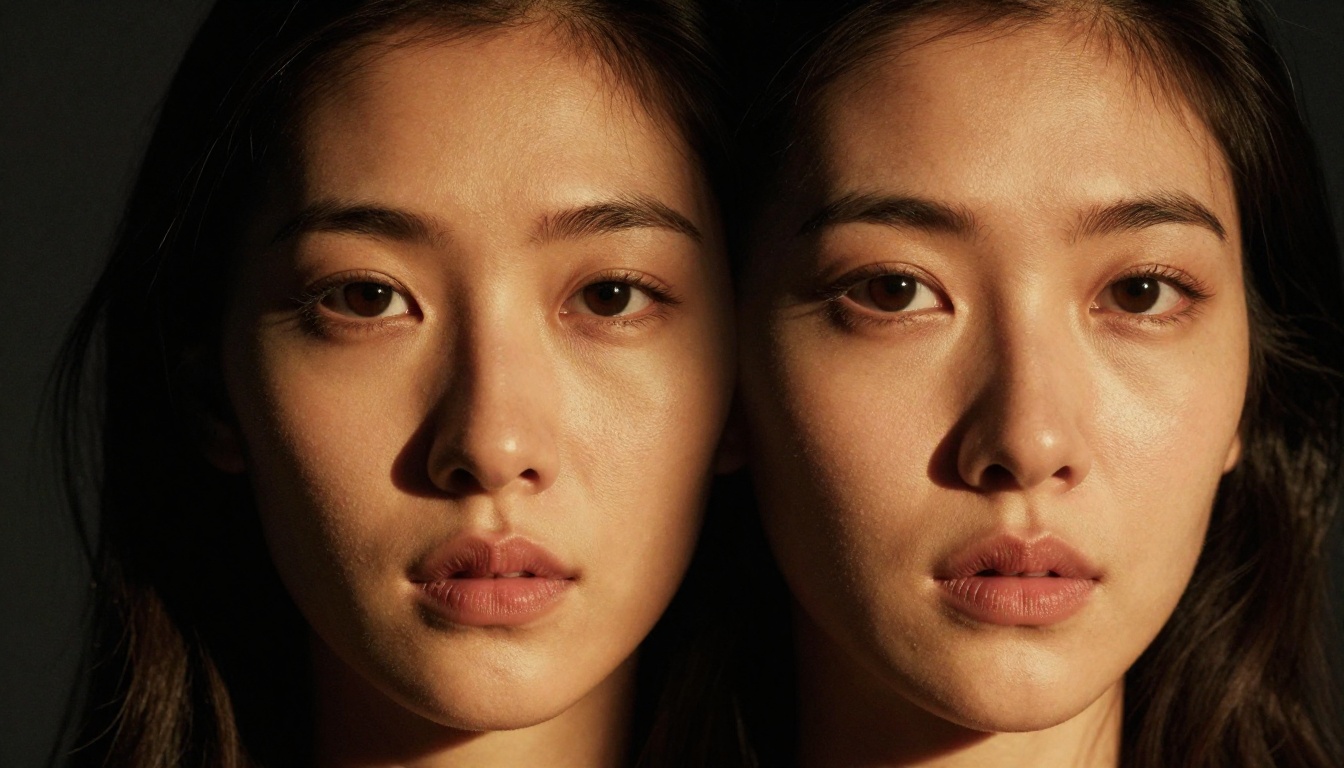 Dramatic split-lighting portrait with hard sidelight showing precise shadow line across nose bridge, accurate skin texture in both lit and shadow zones