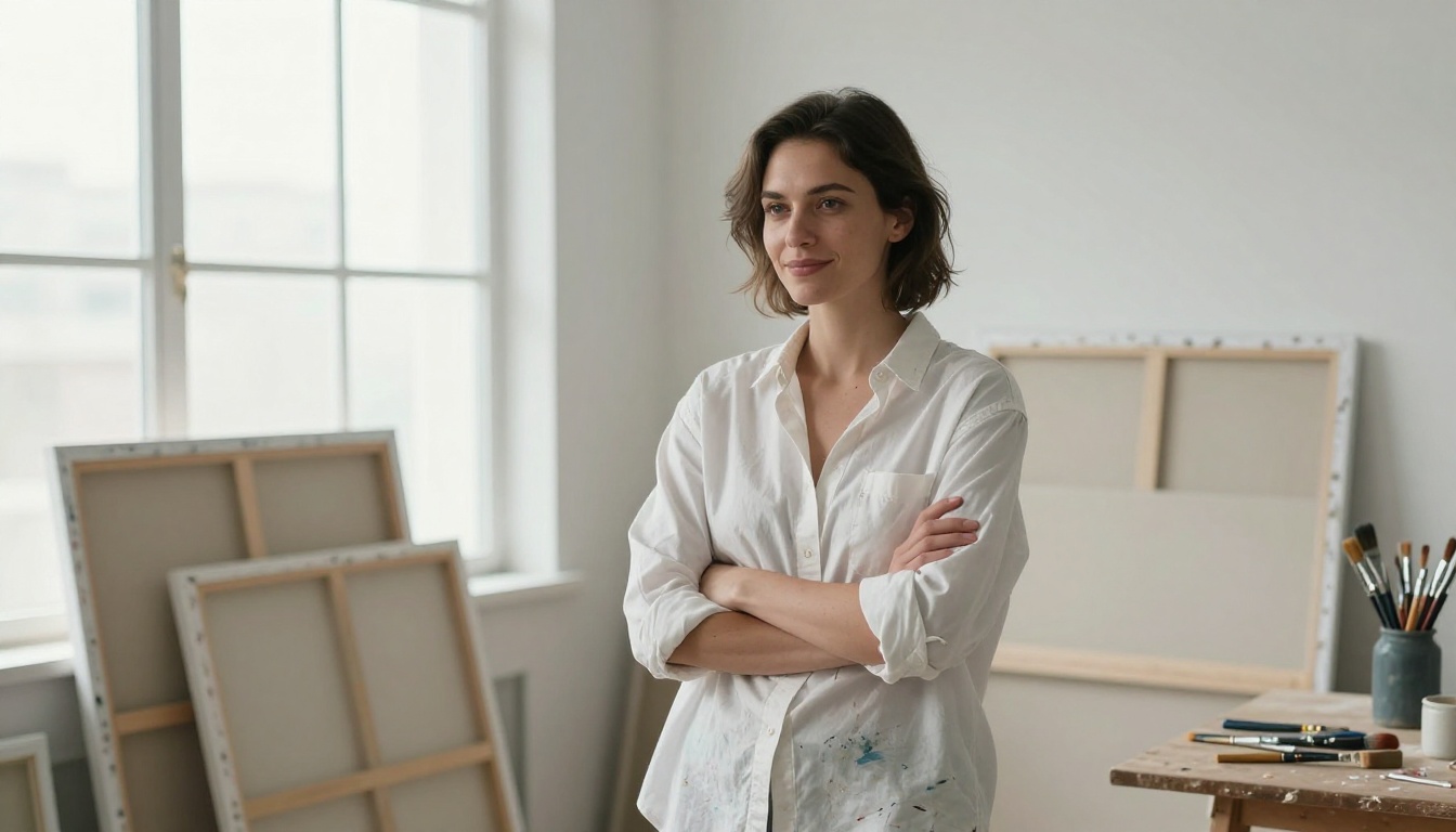 Woman artist standing in studio surrounded by canvases Woman artist standing in studio surrounded by canvases