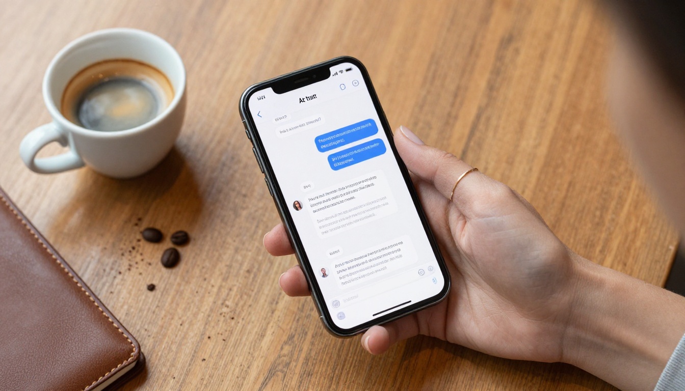 Top-down view of a hand holding a smartphone displaying an AI chat interface over a wooden cafe table