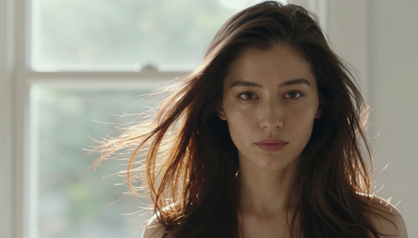 Portrait with strong rim backlighting from behind, showing individual hair strand translucency, weight distribution and natural flyaway behavior
