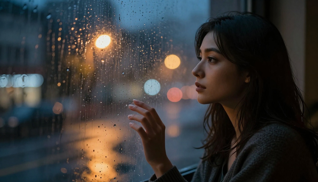 Moody portrait by a rain-streaked window with amber city light reflections