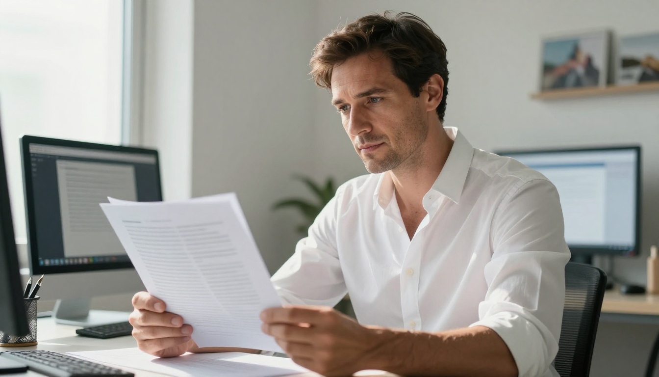 Professional man reading detailed AI documentation with natural window light in a minimalist office