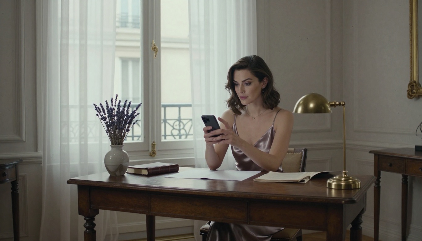 Elegant woman at Paris apartment writing desk Elegant woman at Paris apartment writing desk