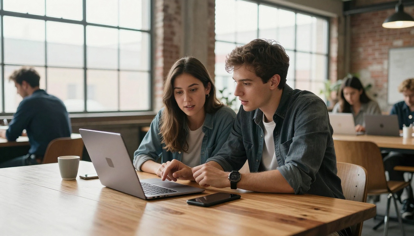 Two young professionals collaborating at a laptop in a sunlit co-working space Two young professionals collaborating at a laptop in a sunlit co-working space