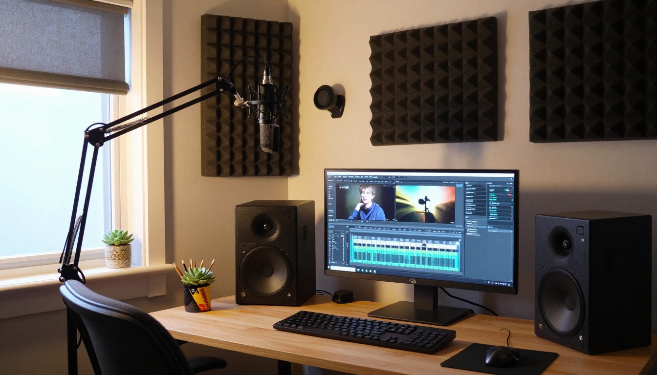Minimal home recording studio with dual monitors and a microphone on a boom arm Minimal home recording studio with dual monitors and a microphone on a boom arm