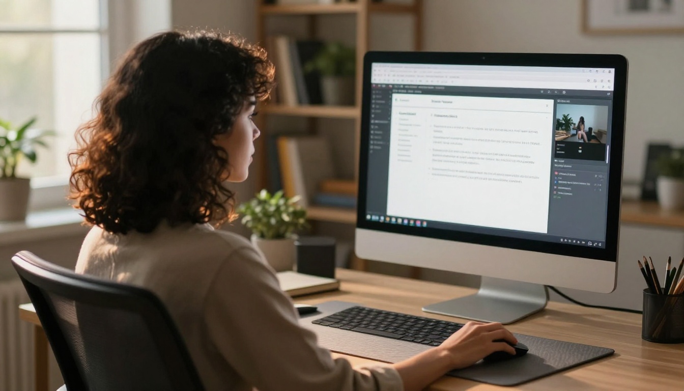 Woman working at a large desktop monitor in a home office, lit by warm screen glow Woman working at a large desktop monitor in a home office, lit by warm screen glow