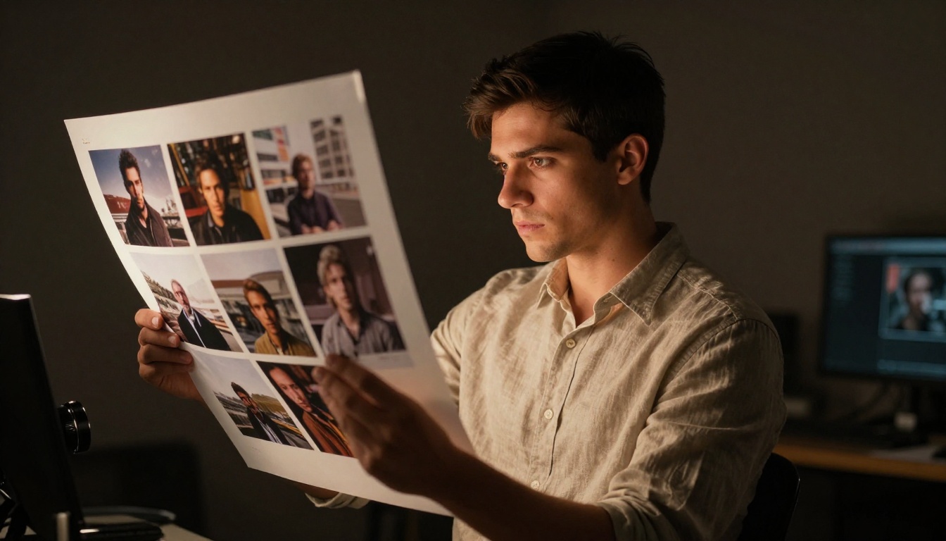 Young male creative director reviewing backlit images on lightboard in dark room