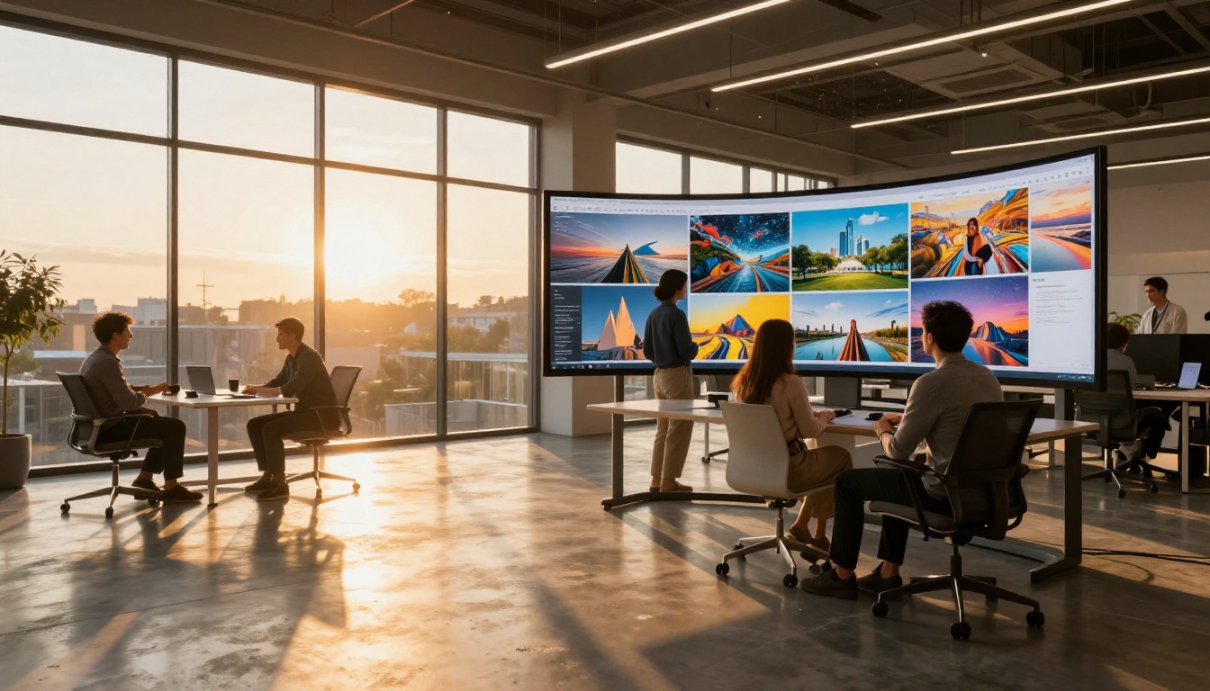 Team of six professionals viewing AI image gallery on large monitor at golden hour