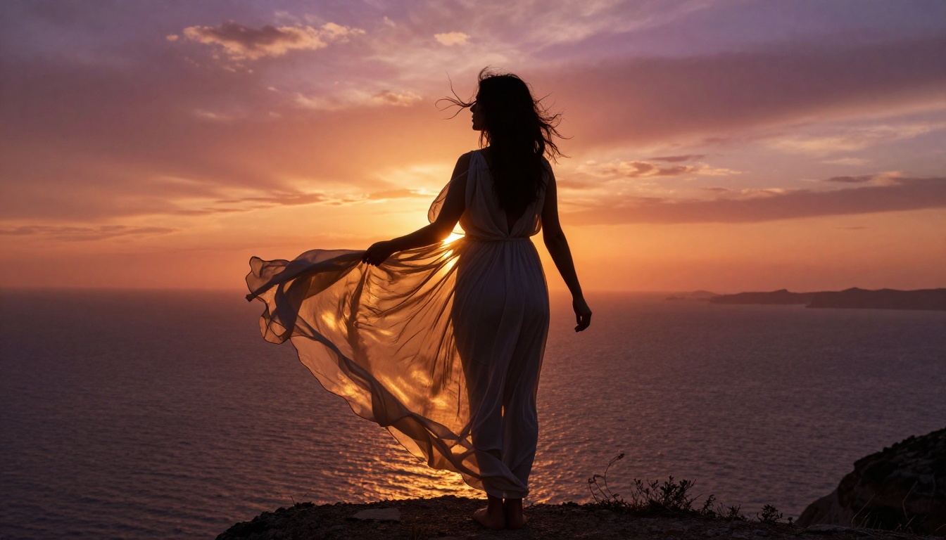 Mediterranean sunset silhouette in flowing dress