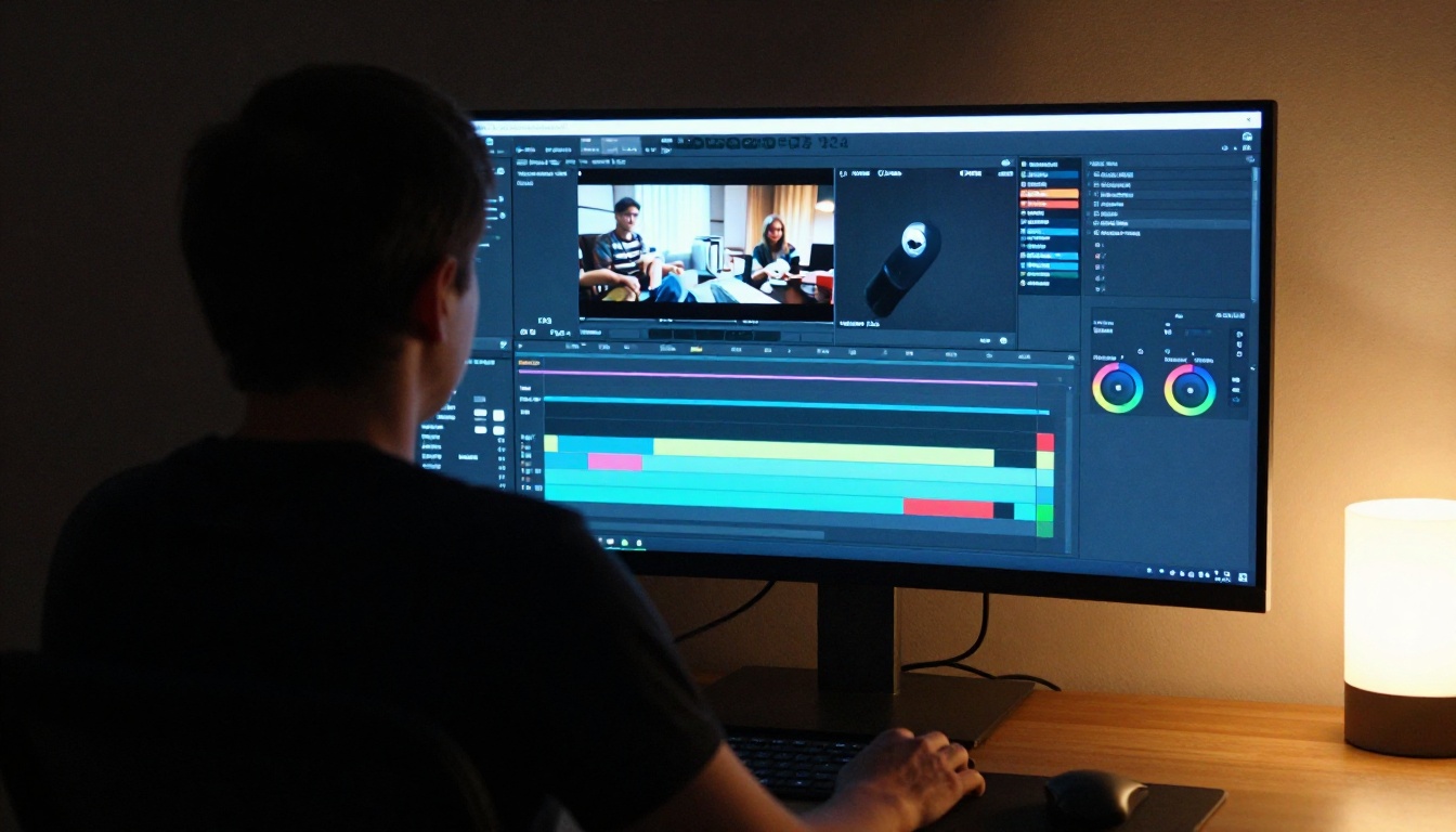Content creator working on video editing timeline on large monitor