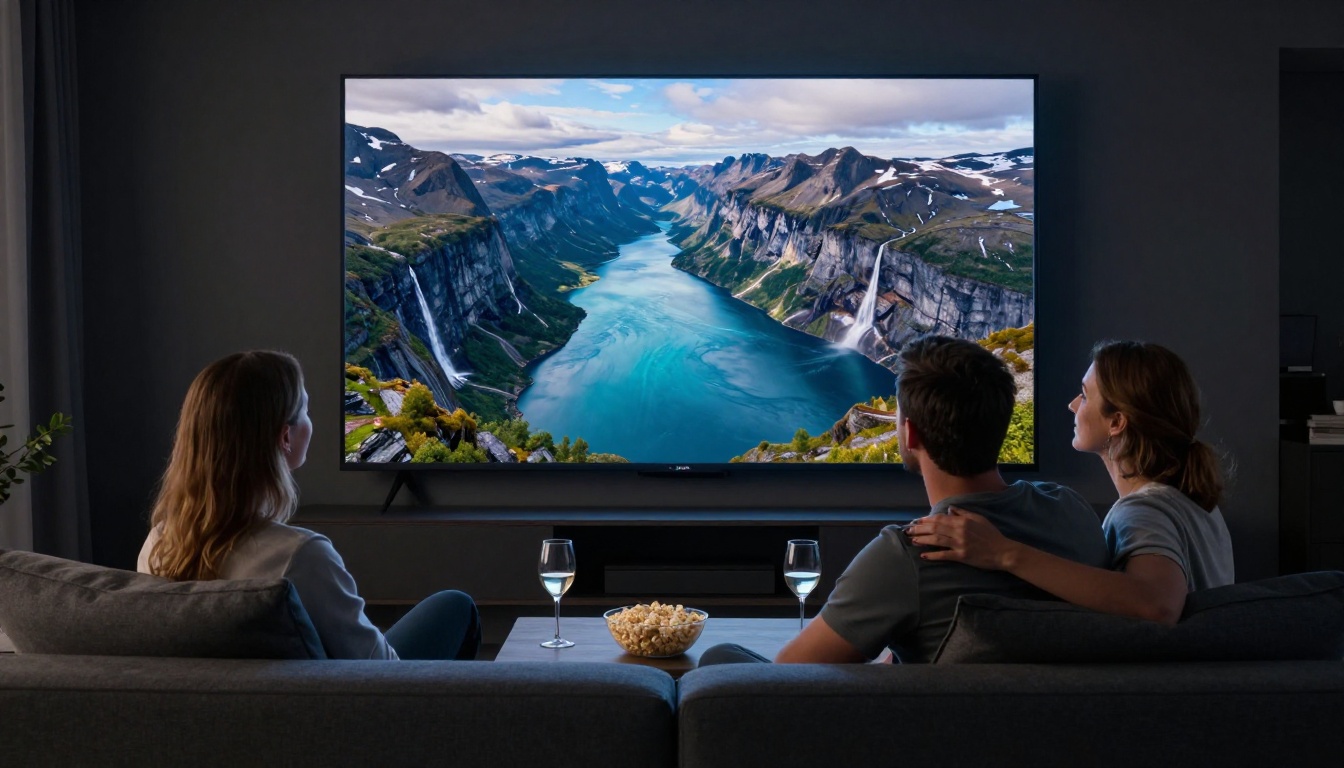 Couple watching stunning 4K footage on a large television in a modern living room Couple watching stunning 4K footage on a large television in a modern living room