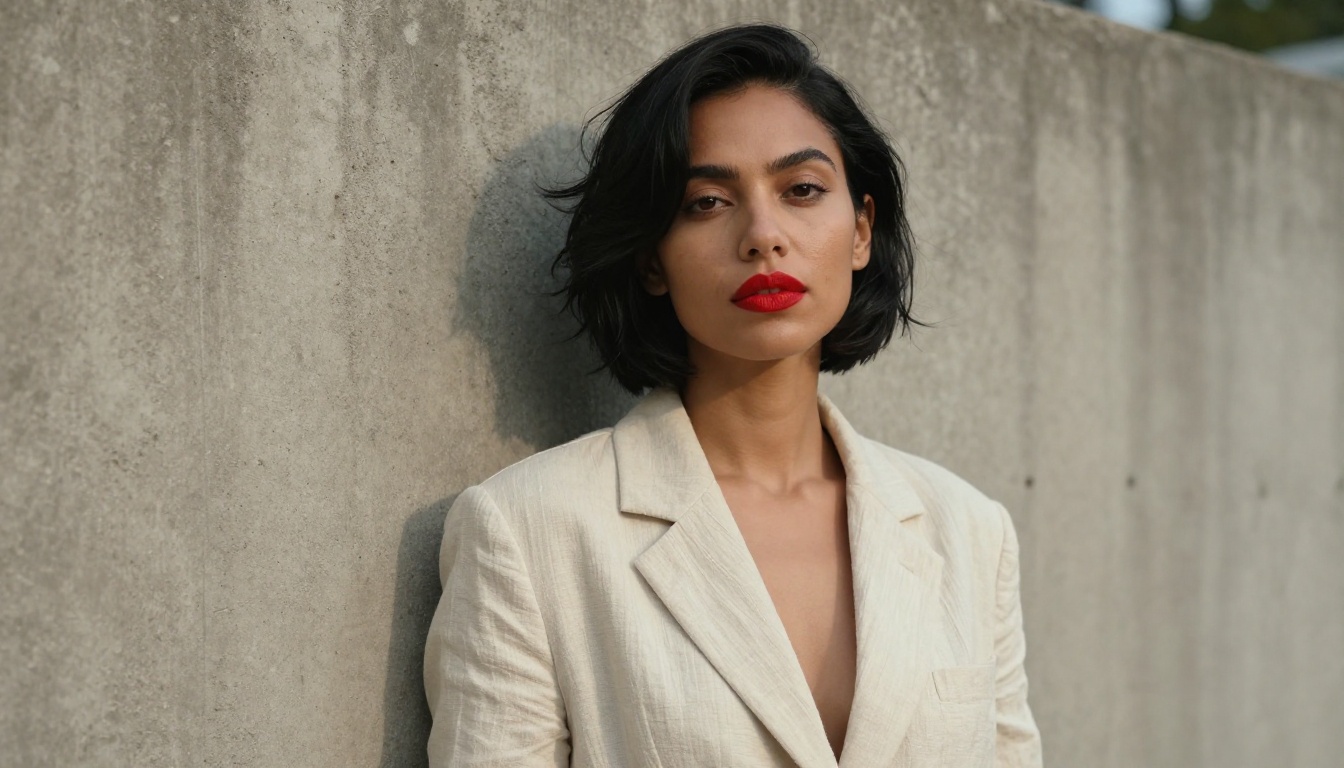 Confident woman with bold red lips and short black hair against concrete wall
