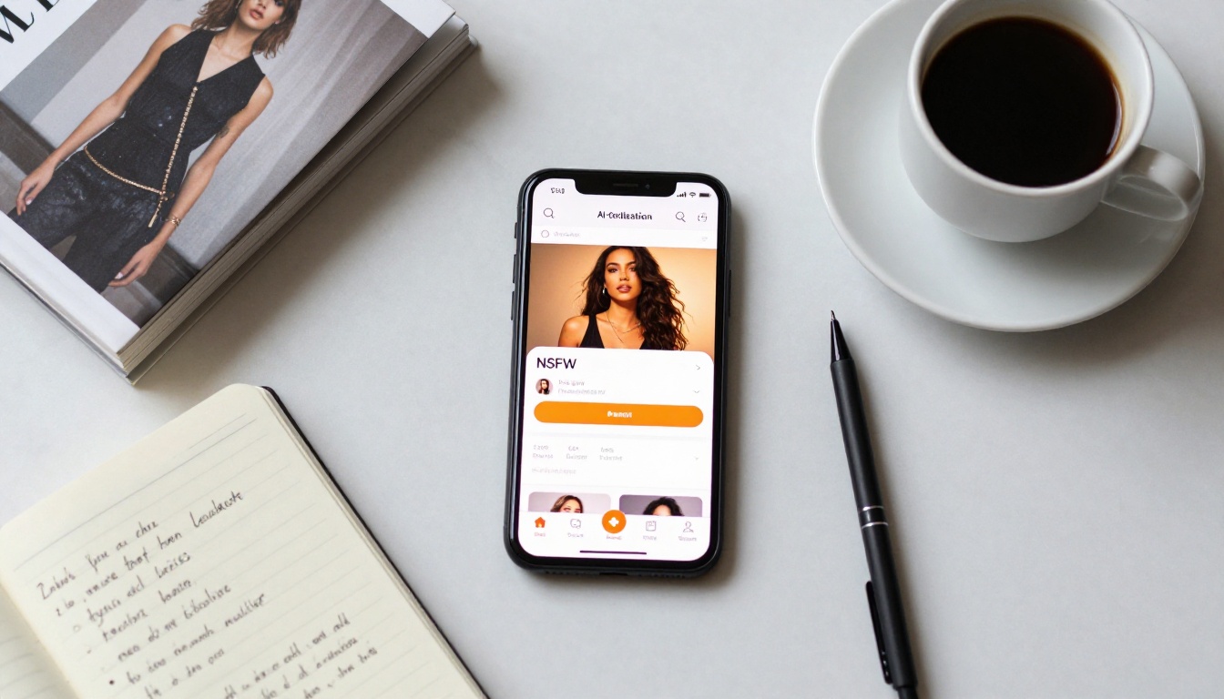 AI content planning setup with smartphone and prompt notebook, editorial flat-lay