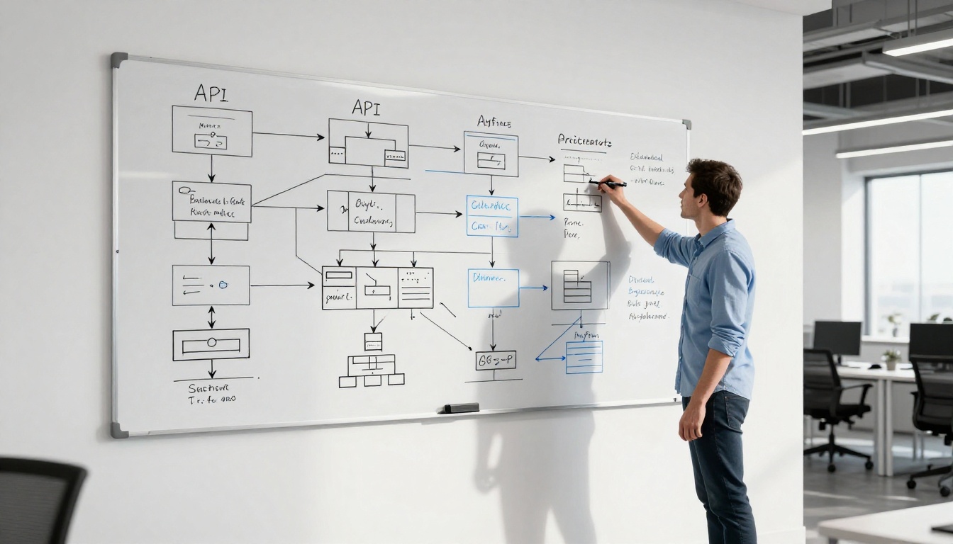 Developer standing at whiteboard with architecture diagram