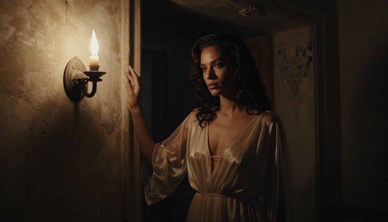 Dramatic low-key hallway portrait showing single light source and chiaroscuro rendering