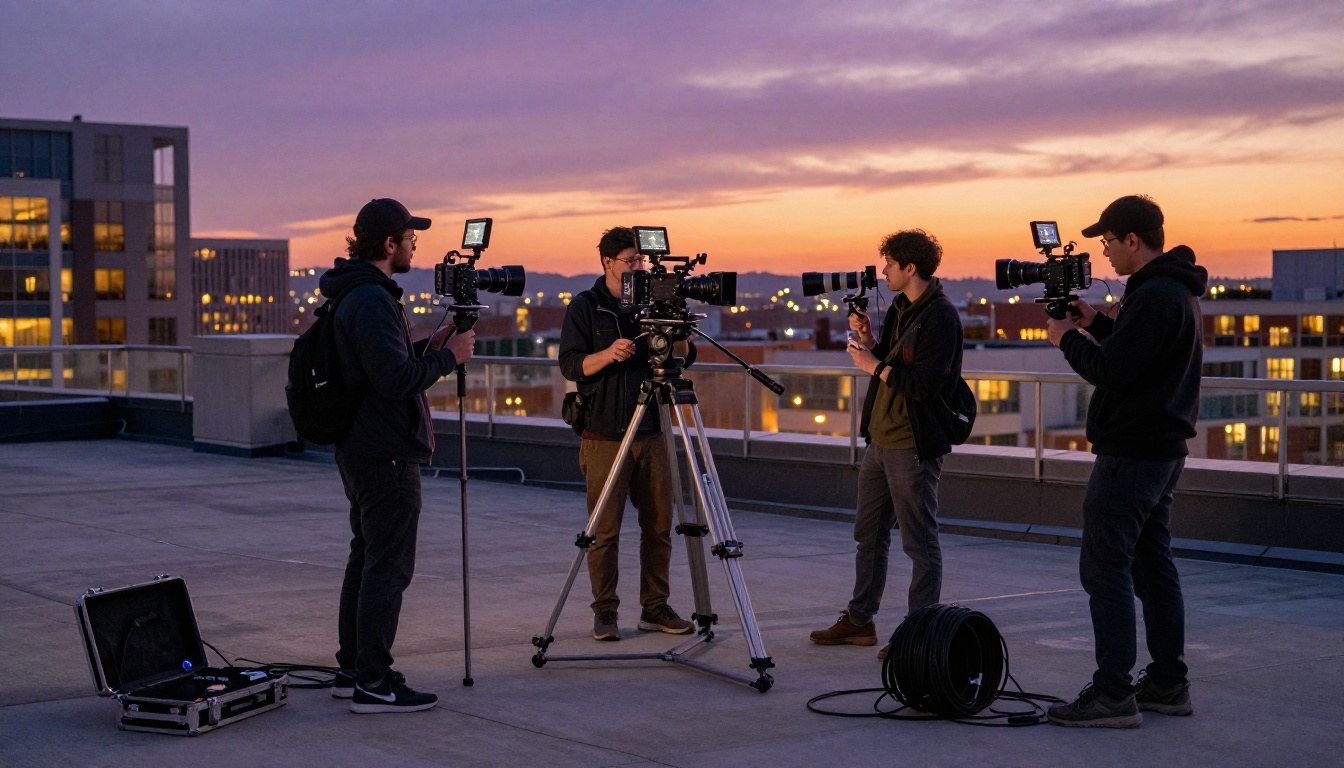 Video production crew setting up cinema equipment on a rooftop terrace at dusk Video production crew setting up cinema equipment on a rooftop terrace at dusk