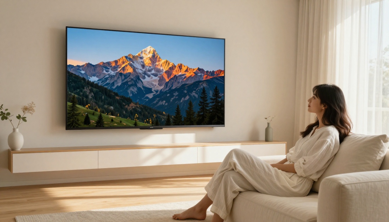 Young woman in white linen clothes admiring AI-generated mountain landscape on TV