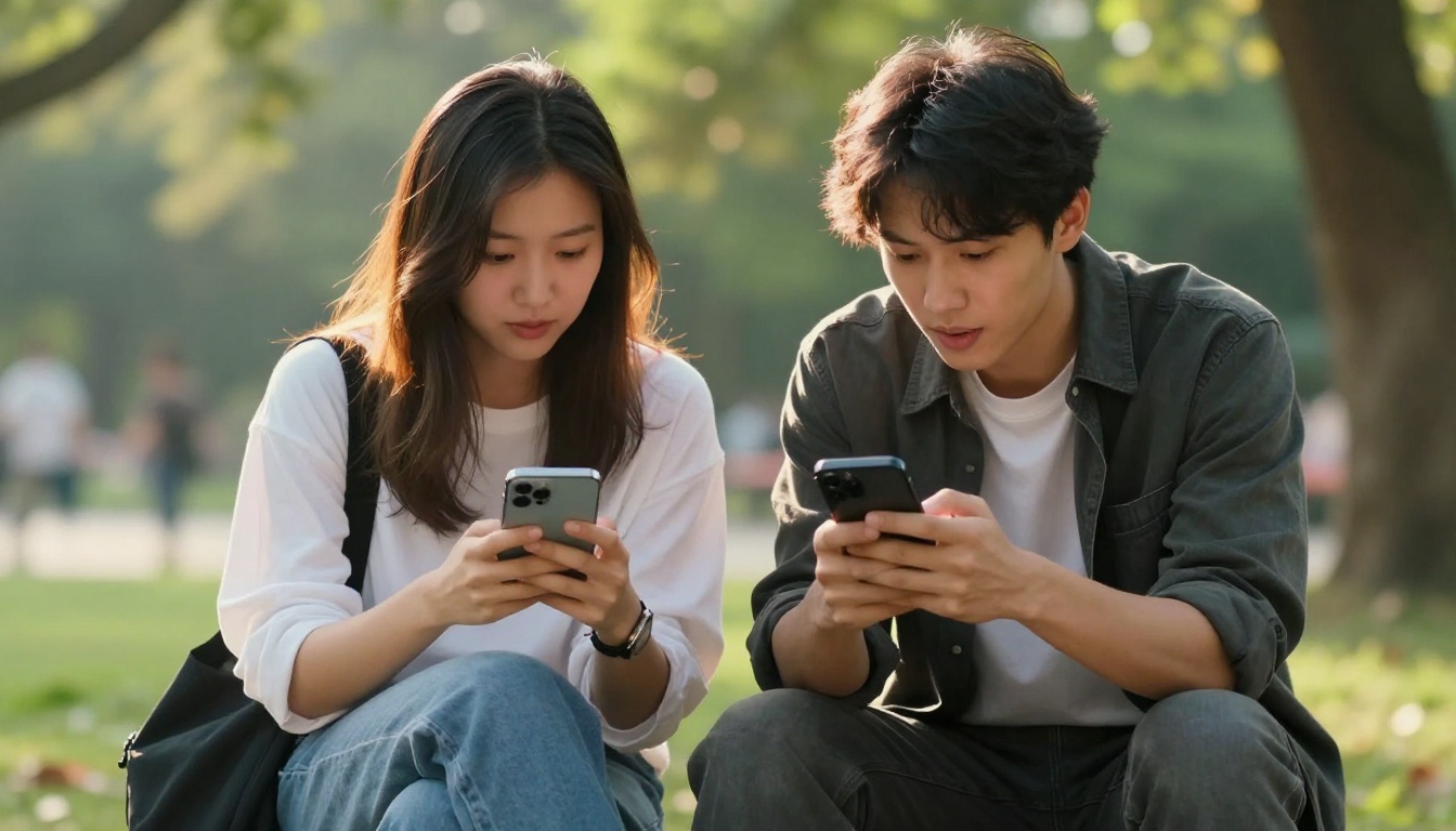 Two young adults sitting on a park bench comparing their smartphone screens